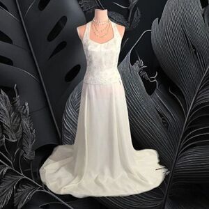 Fleur de lis VTG Ivory Beaded 2 Piece Halter Wedding Dress NWT *Fits Like Med